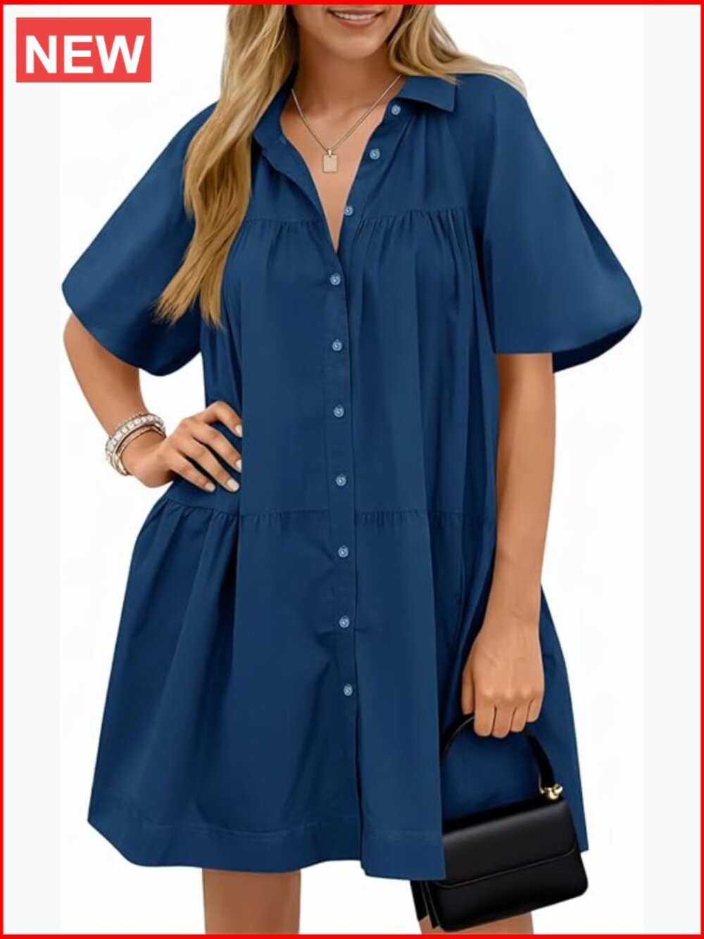Women's Button Down Shirt Dress Puff Short Sleeve Casual Loose Fit Flowy Beach